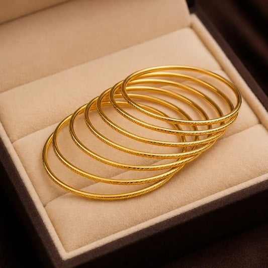 Gold Textured Stackable Bangle Bracelets Set – 6 Pieces | Elegant Wrist Stack for Women