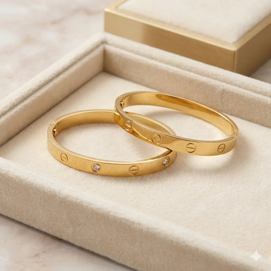 Luxury Love Screw Motif 1 Gold Bangle Bracelet with Crystal Accents | Couple & Gift Jewelry