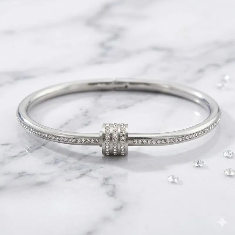 Silver Crystal Pave Barrel Bangle Bracelet | Rhinestone Studded Luxury Cuff for Women