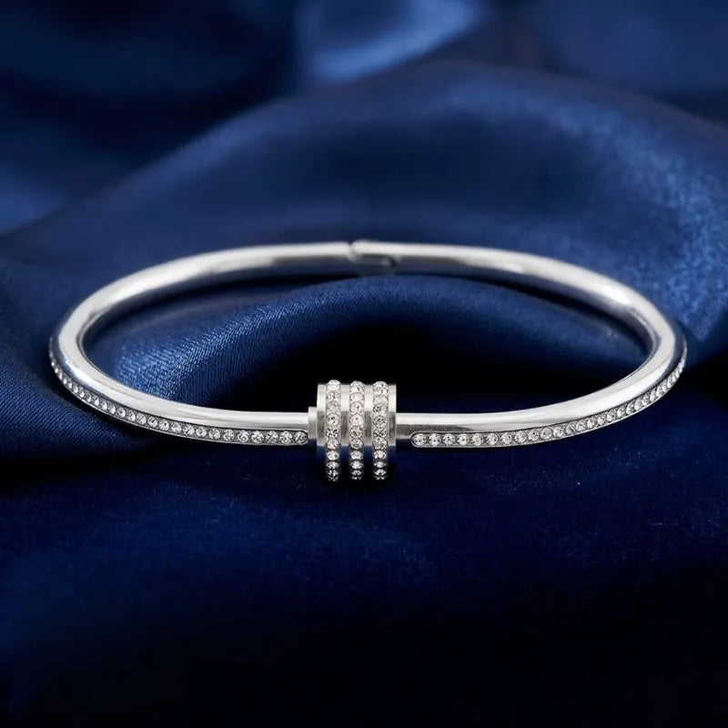 Silver Crystal Pave Barrel Bangle Bracelet | Rhinestone Studded Luxury Cuff for Women