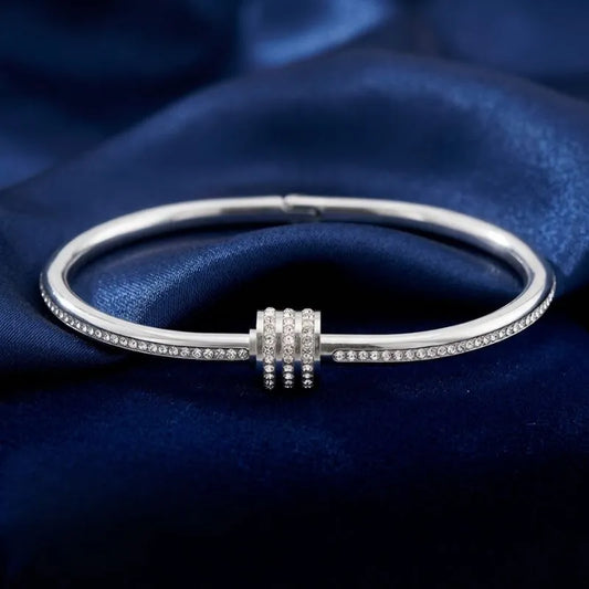 Silver Crystal Pave Barrel Bangle Bracelet | Rhinestone Studded Luxury Cuff for Women