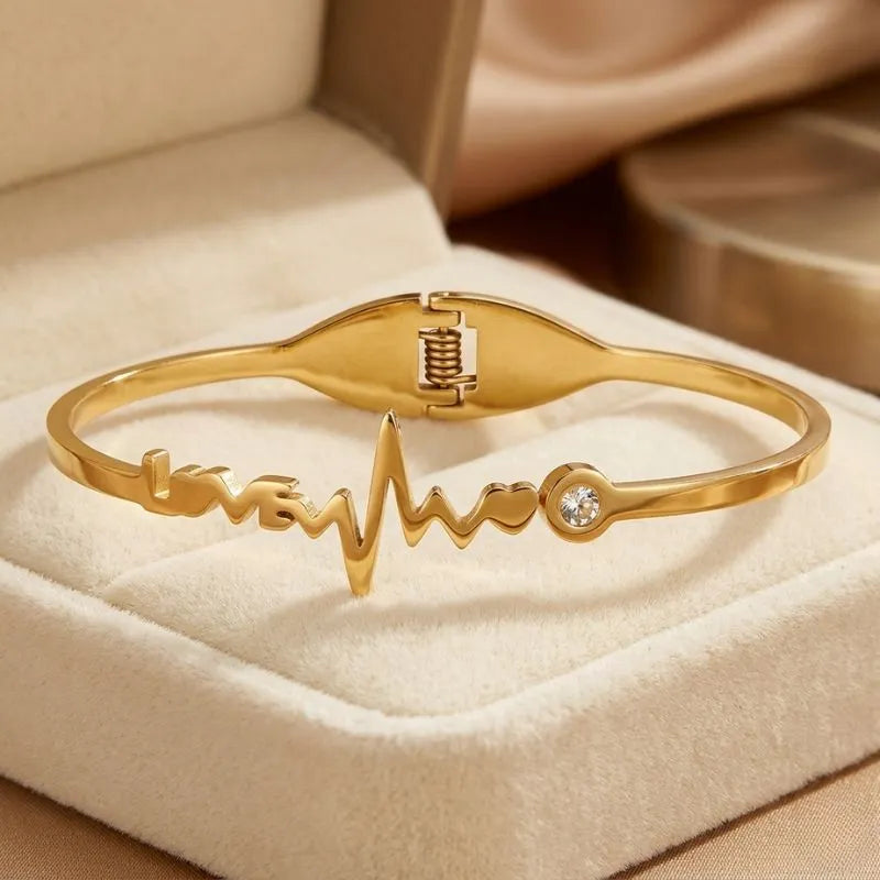 Gold LOVE Heartbeat Bangle Bracelet | ECG Heart Crystal Cuff for Women